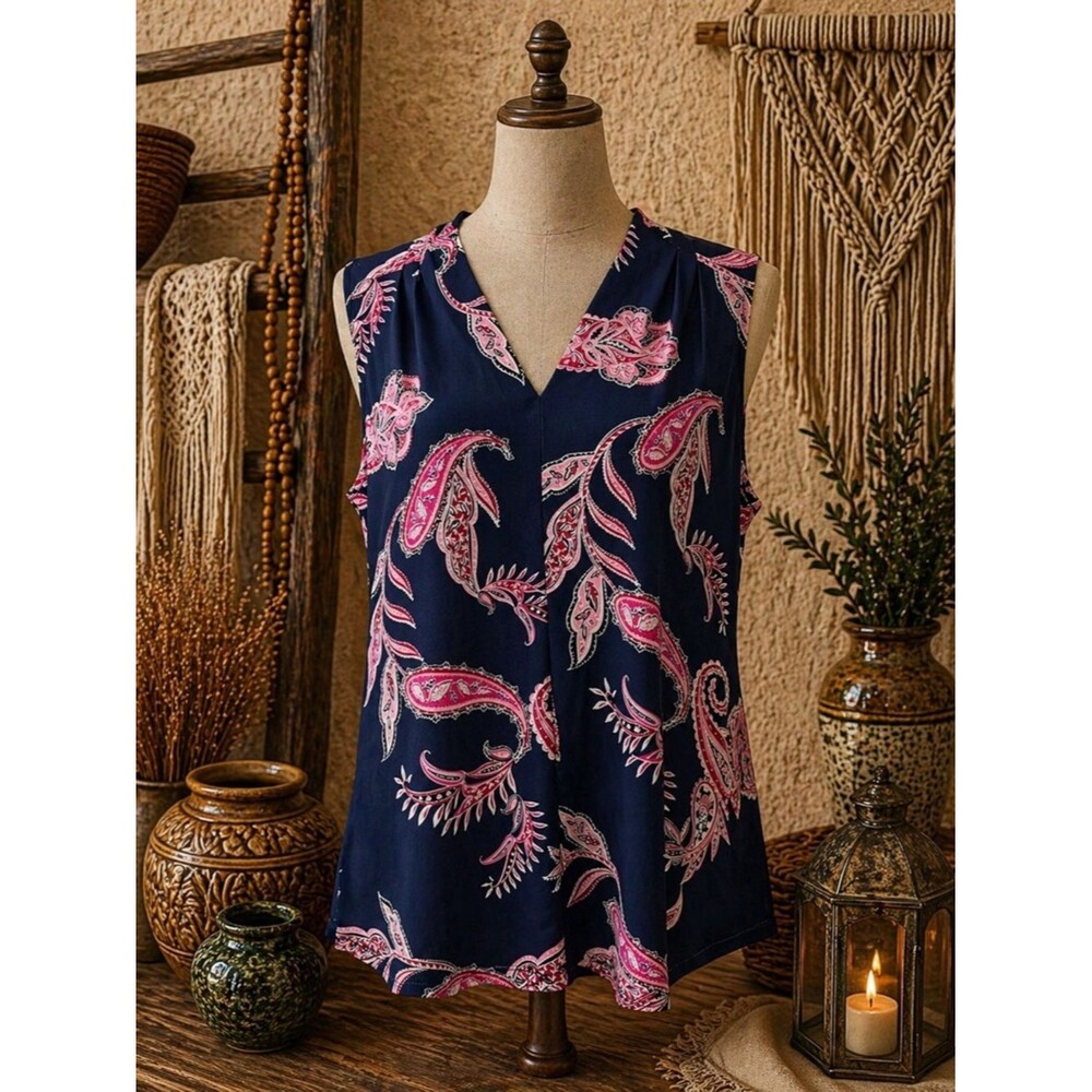 Liz Claiborne Sleeveless Navy Blue&Pink Floral Paisley Split Neck Size S Top